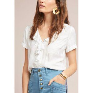 Anthropologie Maeve Jojo Ruffled Top Shirt XS White V‑Neck Blouse Short Sleeve